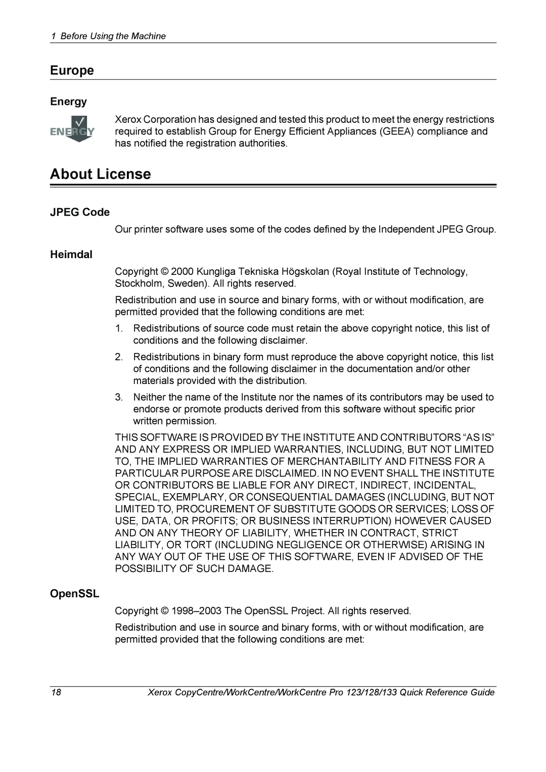 Xerox 604P18037 manual About License, Europe, Energy, JPEG Code, Heimdal, OpenSSL 