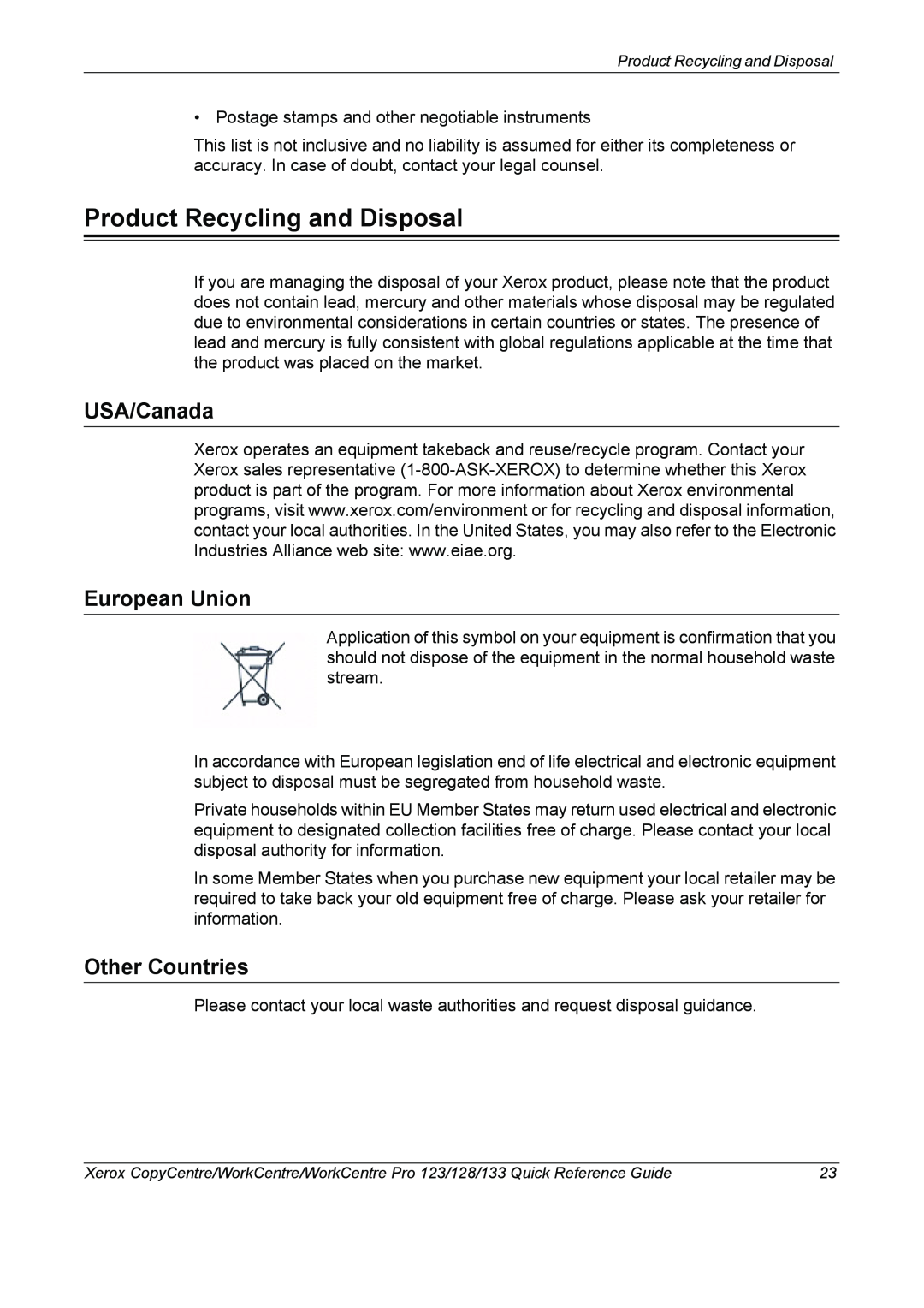 Xerox 604P18037 manual Product Recycling and Disposal, USA/Canada, European Union, Other Countries 