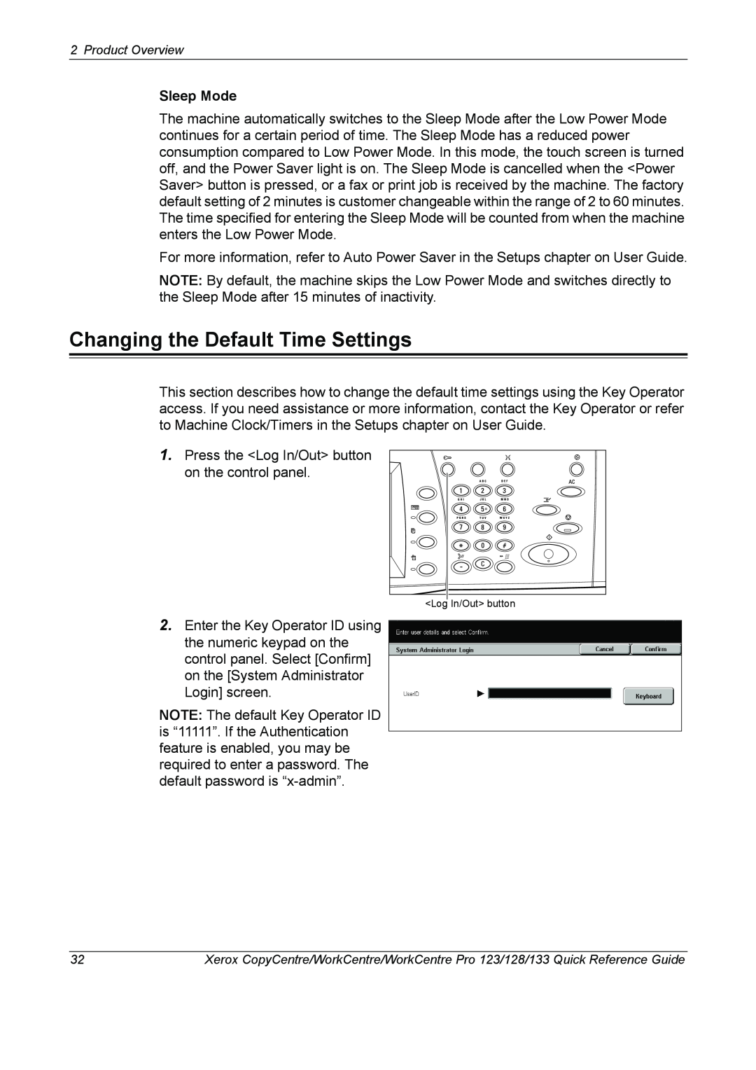 Xerox 604P18037 manual Changing the Default Time Settings, Sleep Mode 