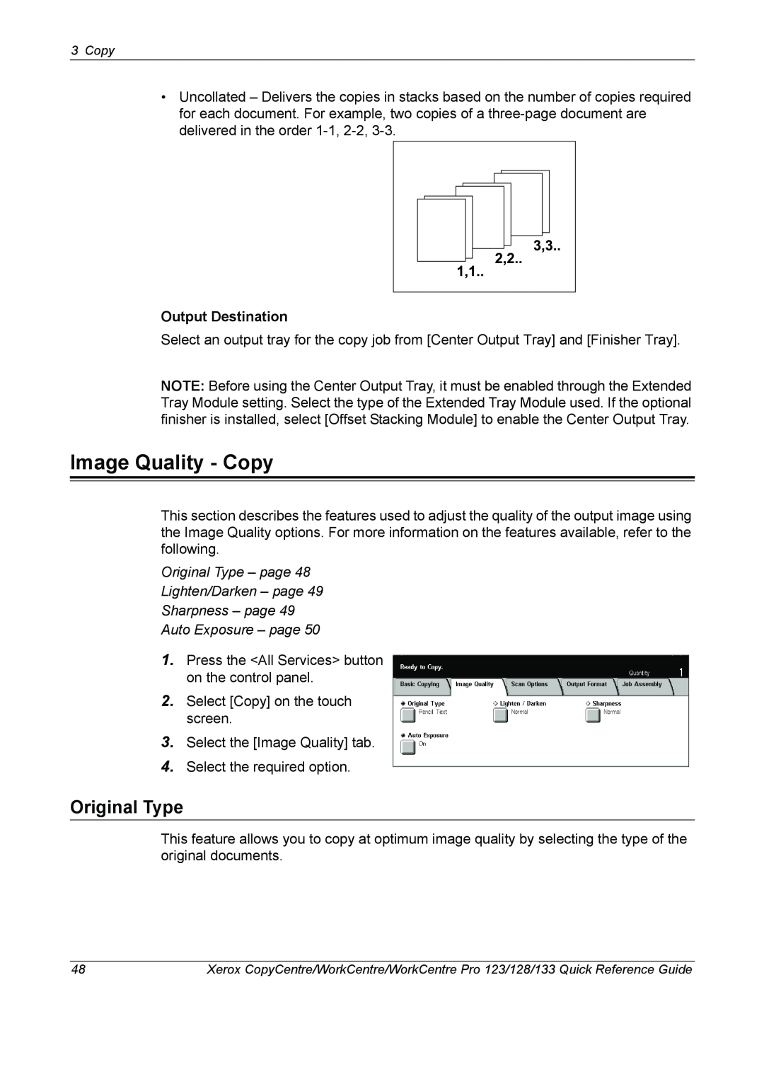 Xerox 604P18037 manual Image Quality - Copy, Original Type, Output Destination, Auto Exposure - page 