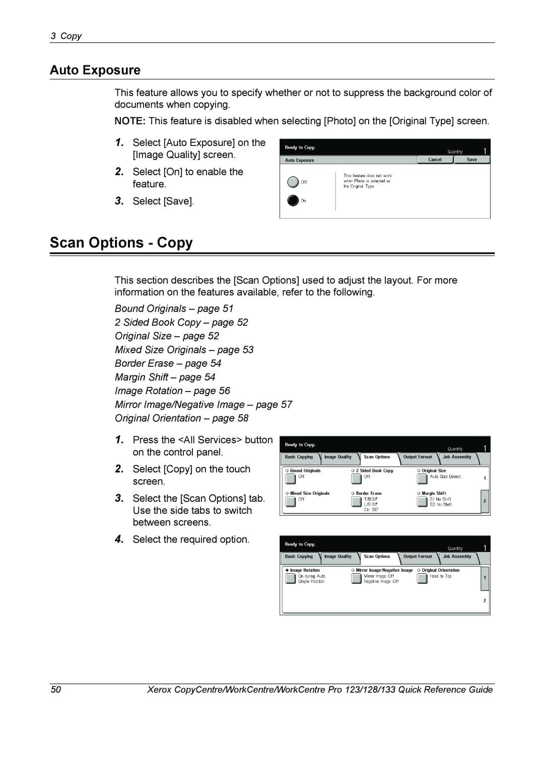 Xerox 604P18037 manual Scan Options - Copy, Auto Exposure, Bound Originals - page 