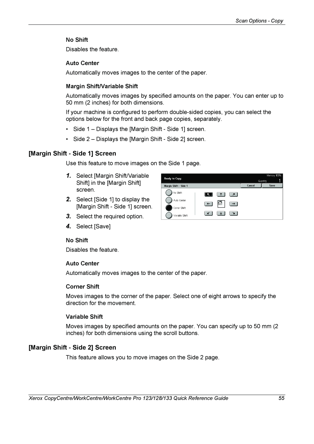 Xerox 604P18037 manual Margin Shift - Side 1 Screen, Margin Shift - Side 2 Screen, No Shift, Auto Center, Corner Shift 