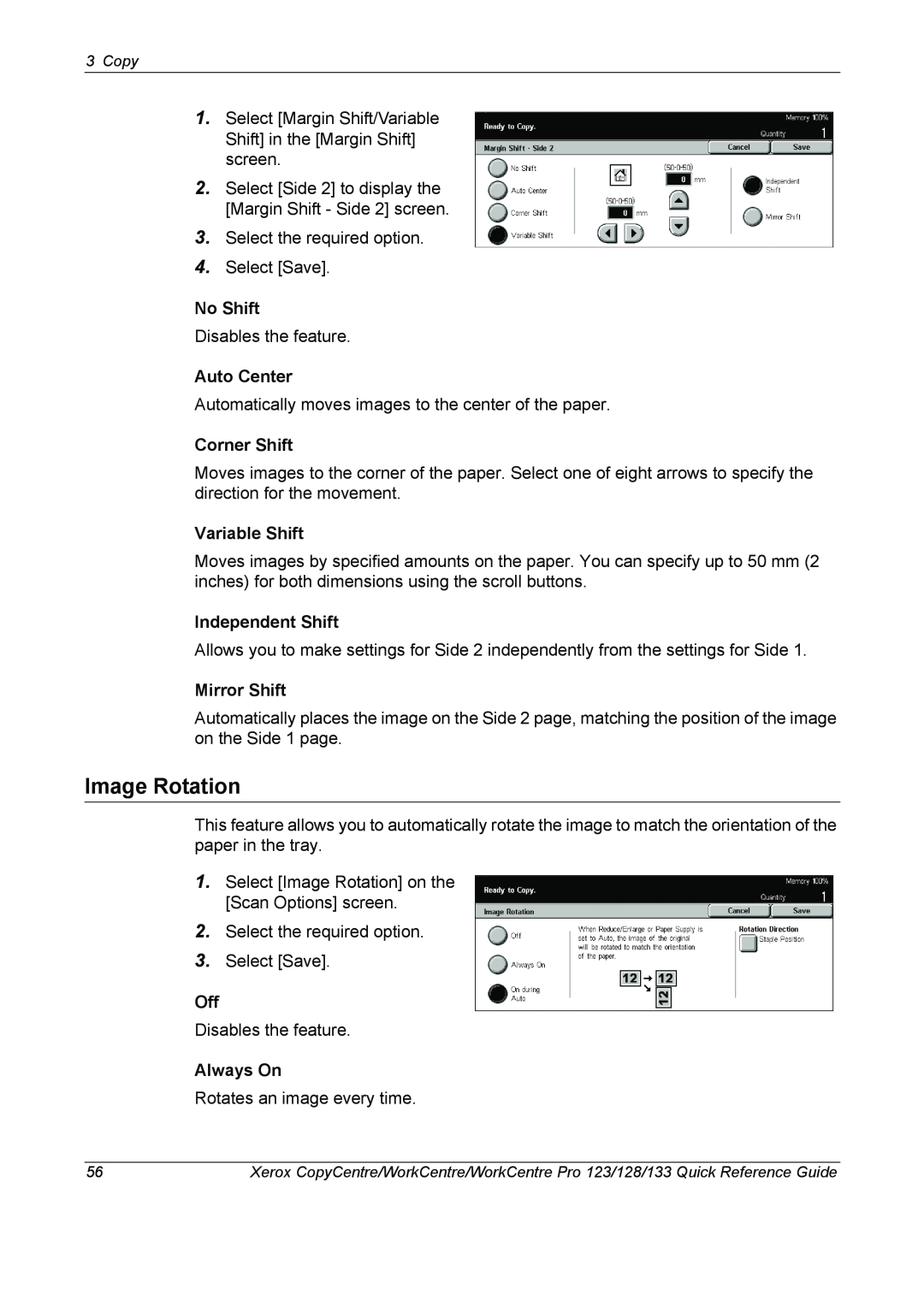 Xerox 604P18037 manual Image Rotation, Independent Shift, Mirror Shift, Always On, No Shift, Auto Center, Corner Shift 
