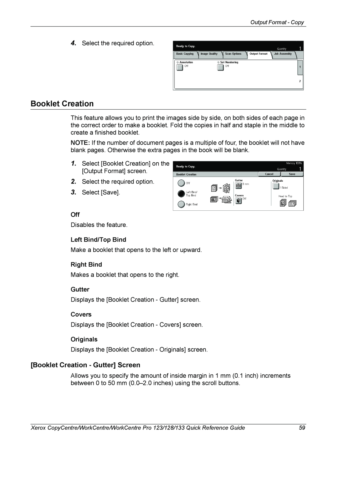 Xerox 604P18037 manual Booklet Creation - Gutter Screen, Left Bind/Top Bind, Right Bind, Covers, Originals 