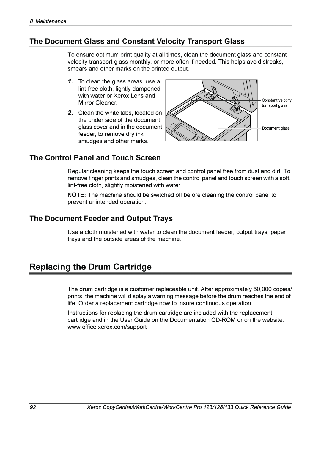Xerox 604P18037 manual Replacing the Drum Cartridge, The Document Glass and Constant Velocity Transport Glass 