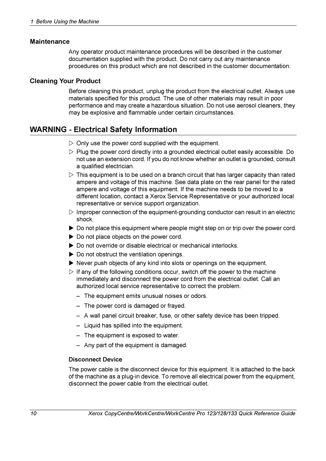 Xerox 604P18037 manual Maintenance, Cleaning Your Product, Disconnect Device 