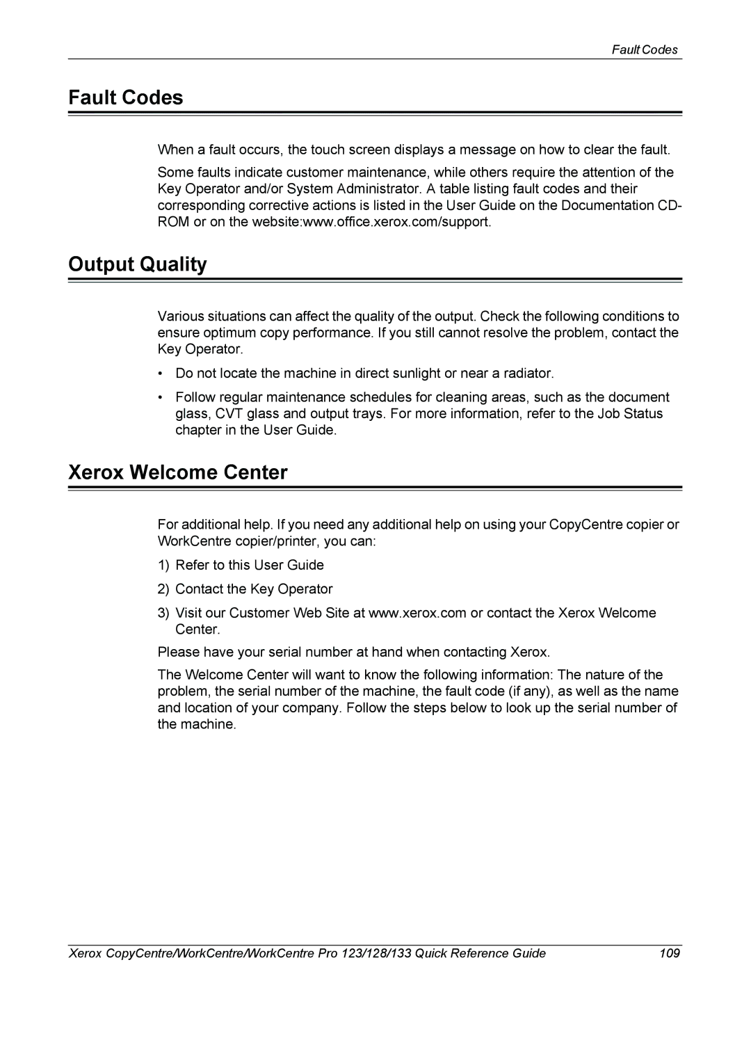 Xerox 604P18037 manual Fault Codes, Output Quality 