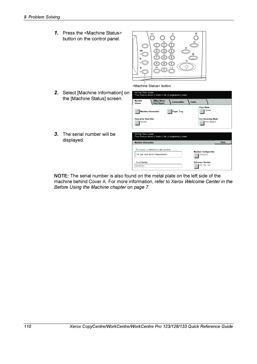 Xerox 604P18037 manual Serial number will be displayed 