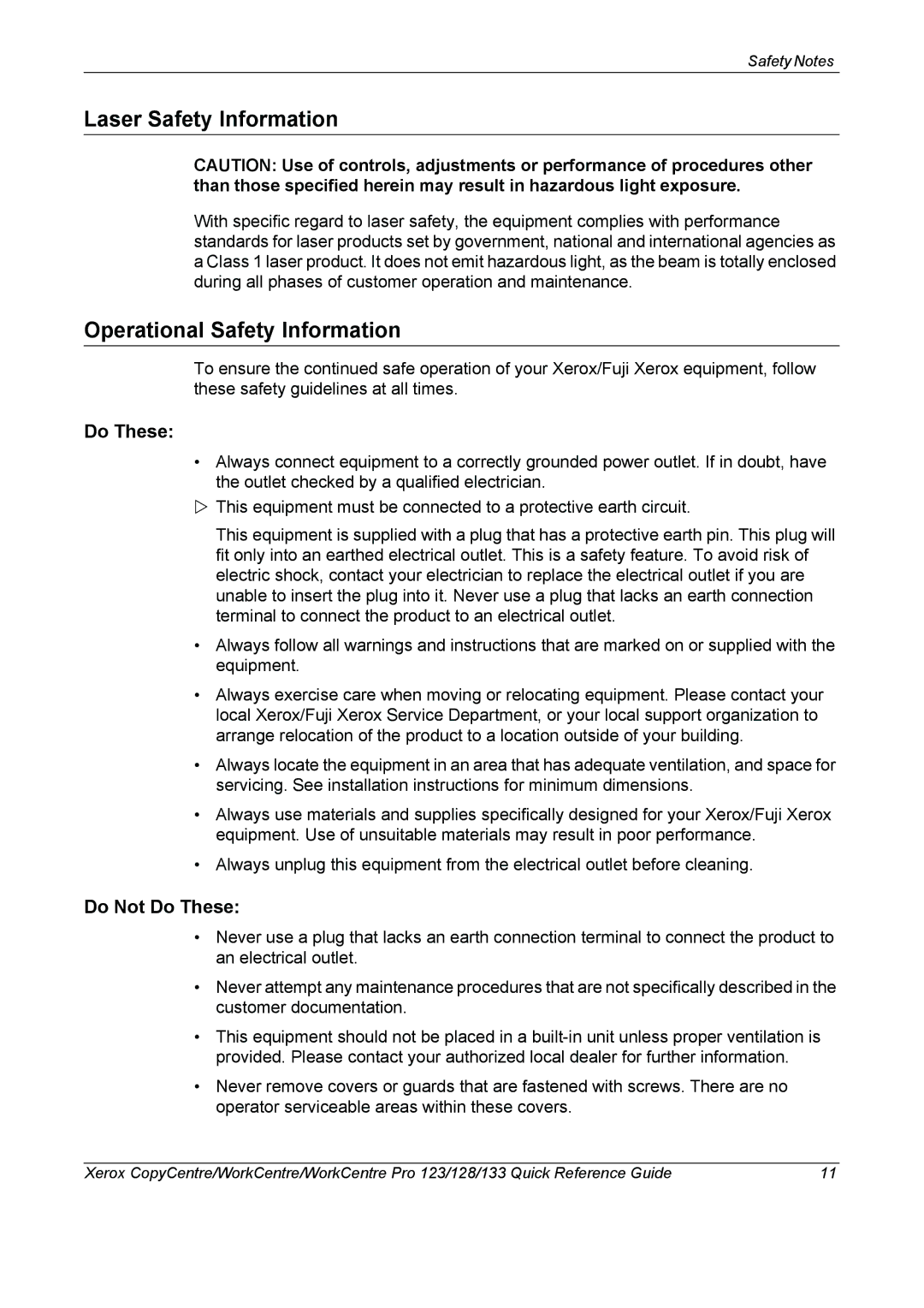 Xerox 604P18037 manual Laser Safety Information, Operational Safety Information, Do Not Do These 