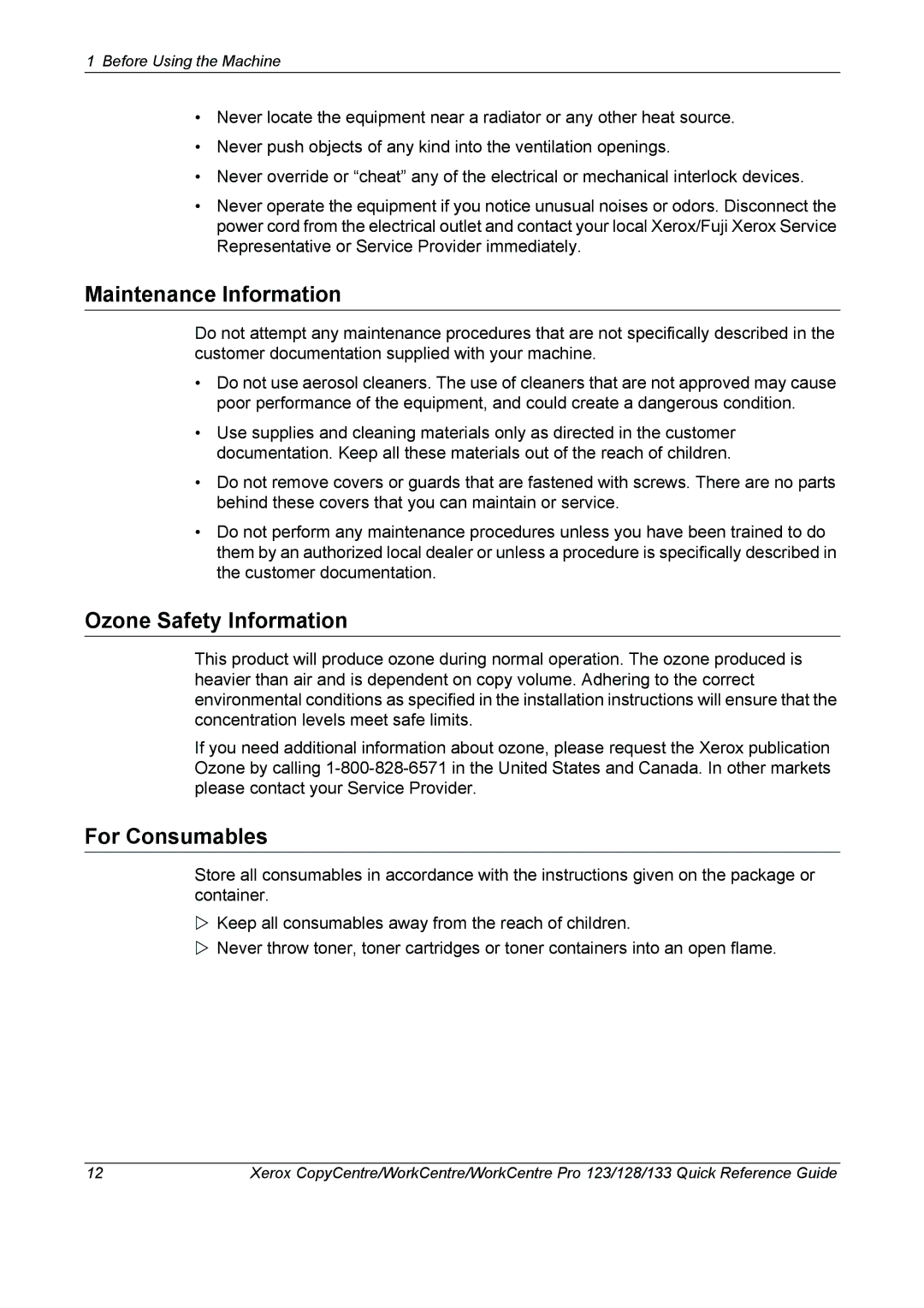 Xerox 604P18037 manual Maintenance Information, Ozone Safety Information, For Consumables 