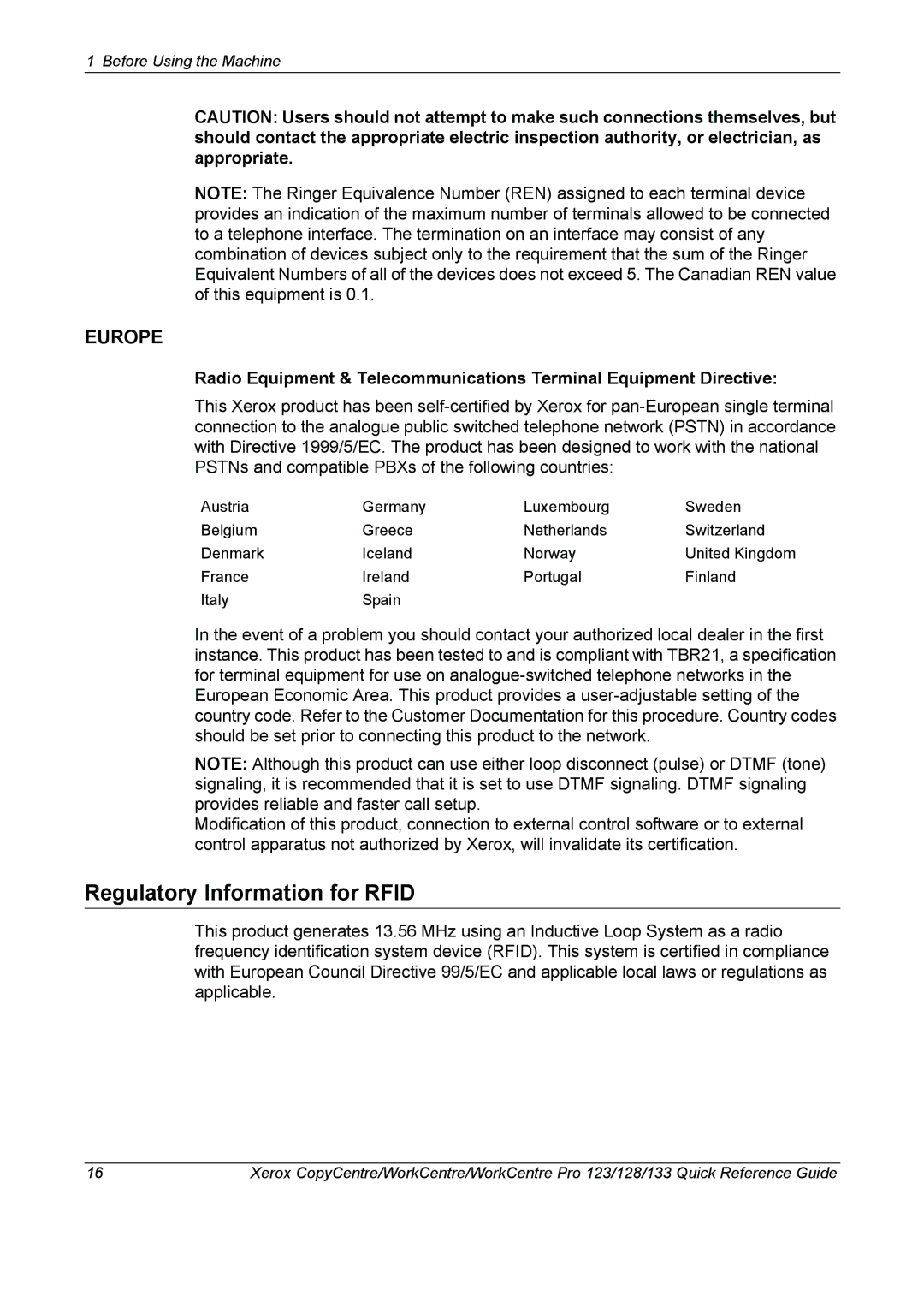 Xerox 604P18037 manual Regulatory Information for Rfid, Europe 