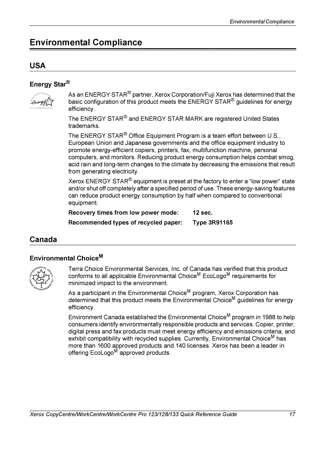 Xerox 604P18037 manual Environmental Compliance, Canada, Energy Star, Environmental ChoiceM 