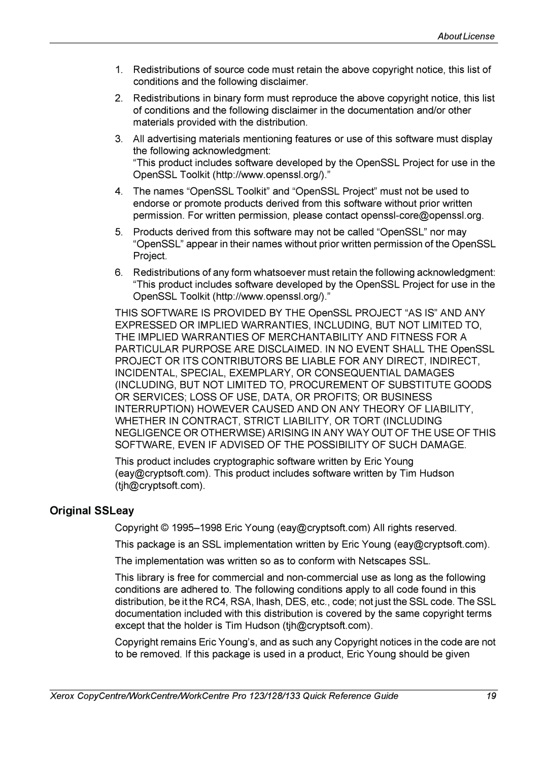 Xerox 604P18037 manual Original SSLeay 