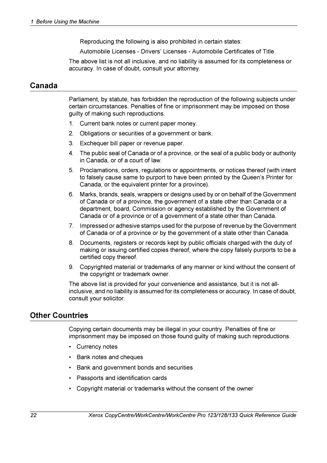 Xerox 604P18037 manual Canada, Other Countries 