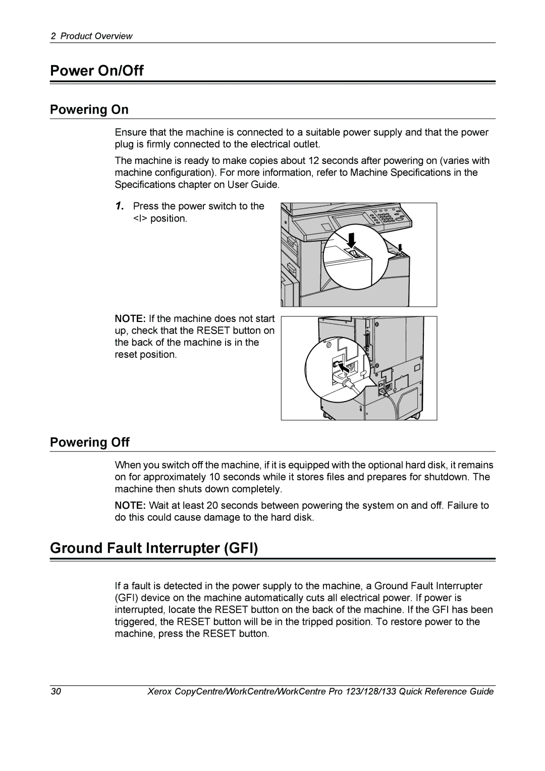 Xerox 604P18037 manual Power On/Off, Ground Fault Interrupter GFI, Powering On, Powering Off 