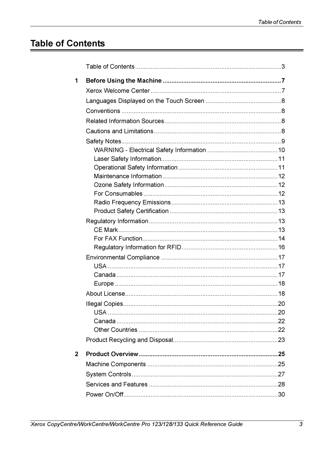 Xerox 604P18037 manual Table of Contents 