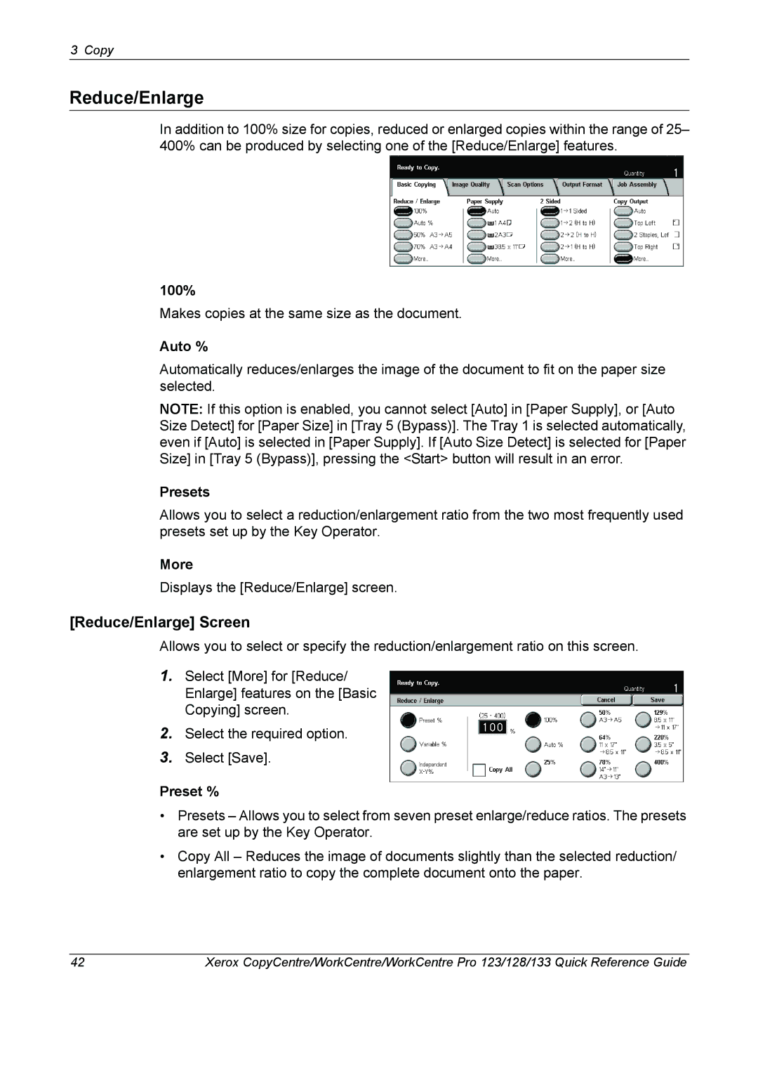 Xerox 604P18037 manual Reduce/Enlarge Screen 