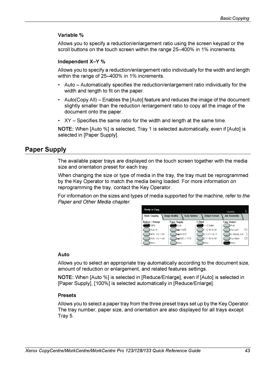 Xerox 604P18037 manual Paper Supply, Variable %, Independent X-Y %, Auto 