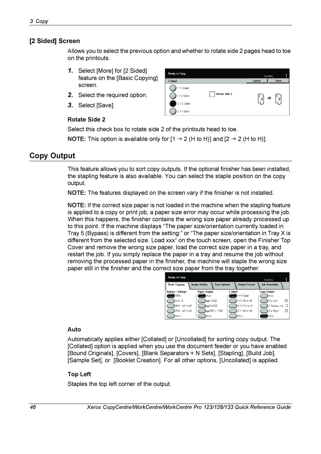 Xerox 604P18037 manual Copy Output, Sided Screen, Rotate Side, Top Left 
