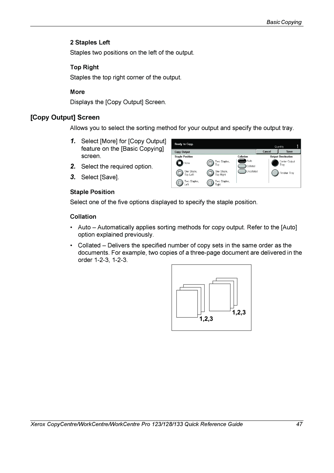 Xerox 604P18037 manual Copy Output Screen, Staples Left, Top Right, Staple Position, Collation 