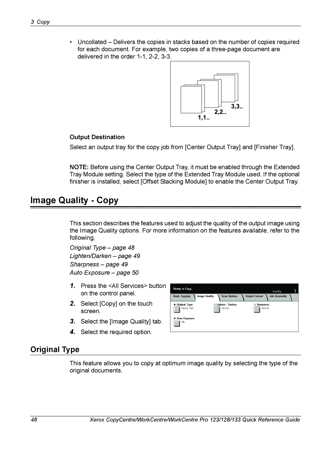 Xerox 604P18037 manual Image Quality Copy, Original Type, Output Destination 