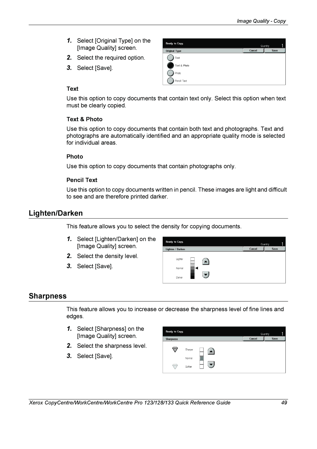 Xerox 604P18037 manual Lighten/Darken, Sharpness 