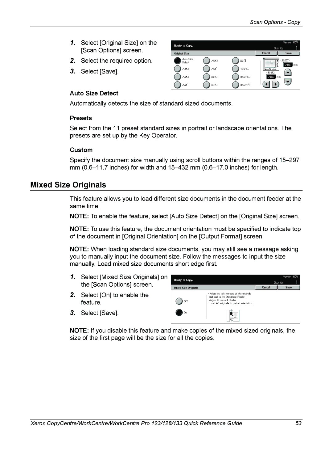 Xerox 604P18037 manual Mixed Size Originals, Auto Size Detect, Custom 