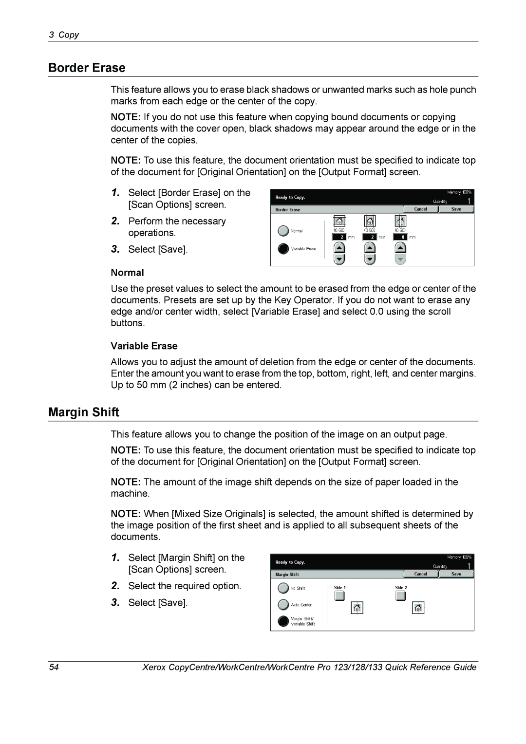 Xerox 604P18037 manual Border Erase, Margin Shift, Normal, Variable Erase 