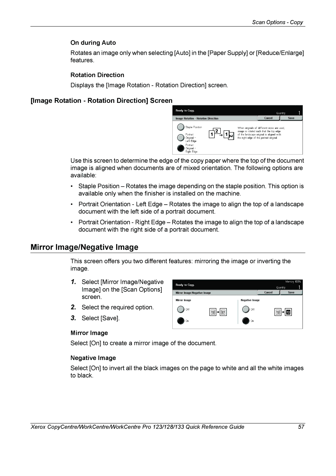 Xerox 604P18037 manual Mirror Image/Negative Image, Image Rotation Rotation Direction Screen 