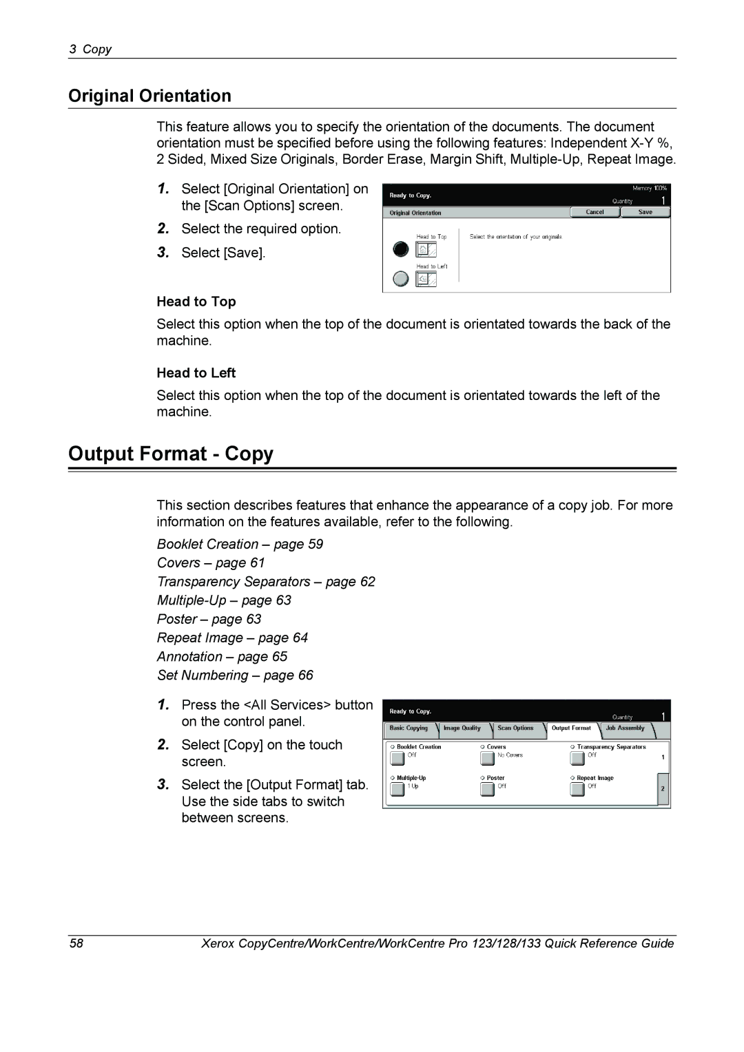 Xerox 604P18037 manual Output Format Copy, Original Orientation, Head to Top, Head to Left 