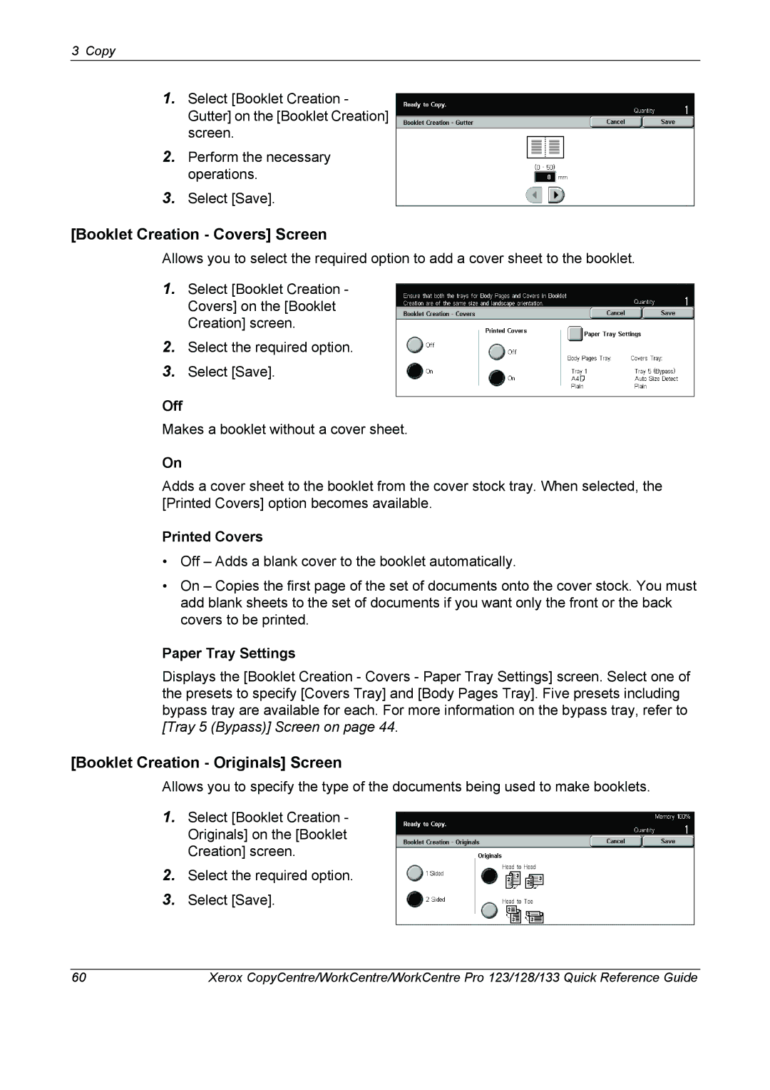 Xerox 604P18037 Booklet Creation Covers Screen, Booklet Creation Originals Screen, Printed Covers, Paper Tray Settings 