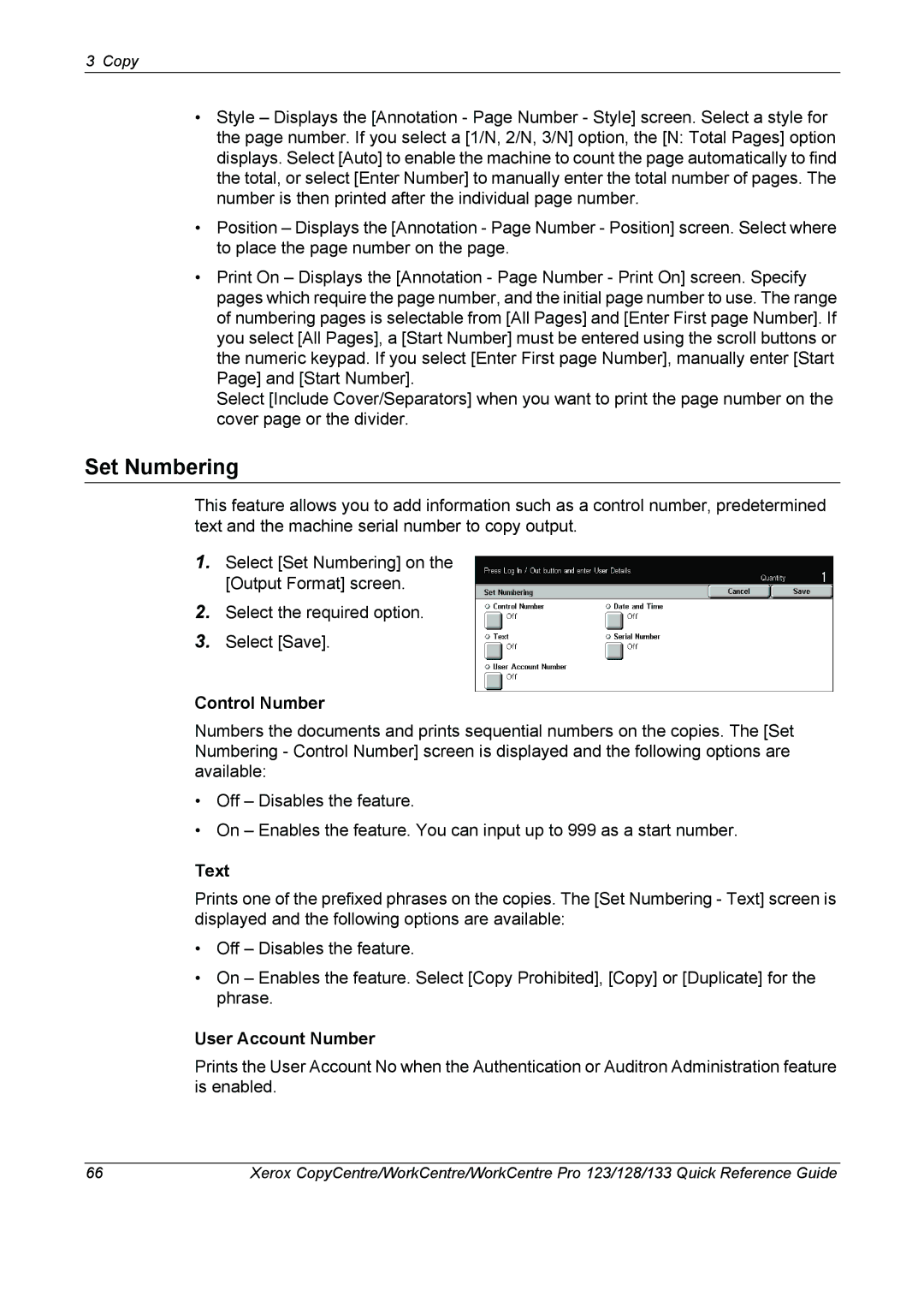 Xerox 604P18037 manual Set Numbering, Control Number, User Account Number 