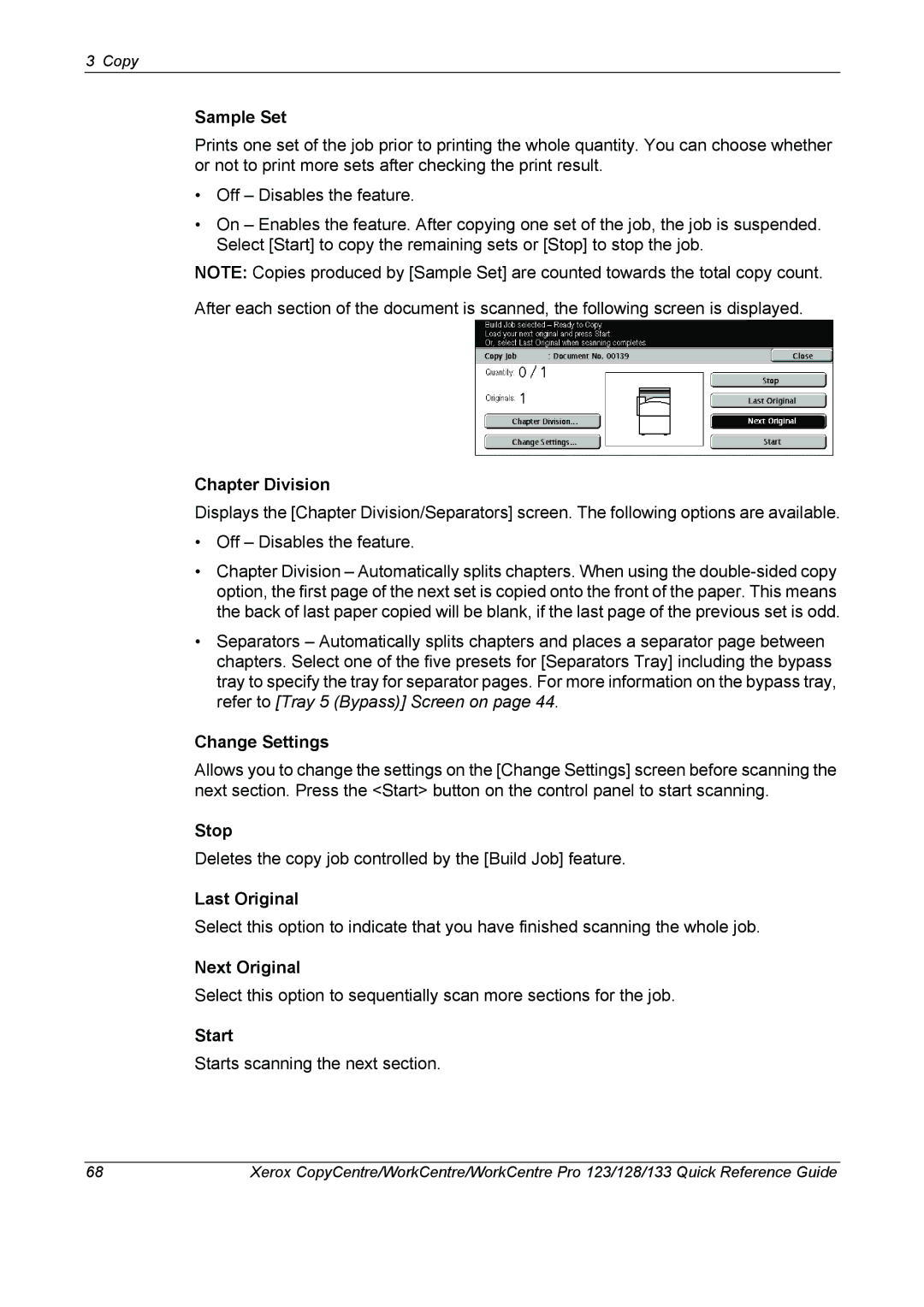 Xerox 604P18037 manual Sample Set, Chapter Division, Change Settings, Stop, Last Original, Next Original, Start 