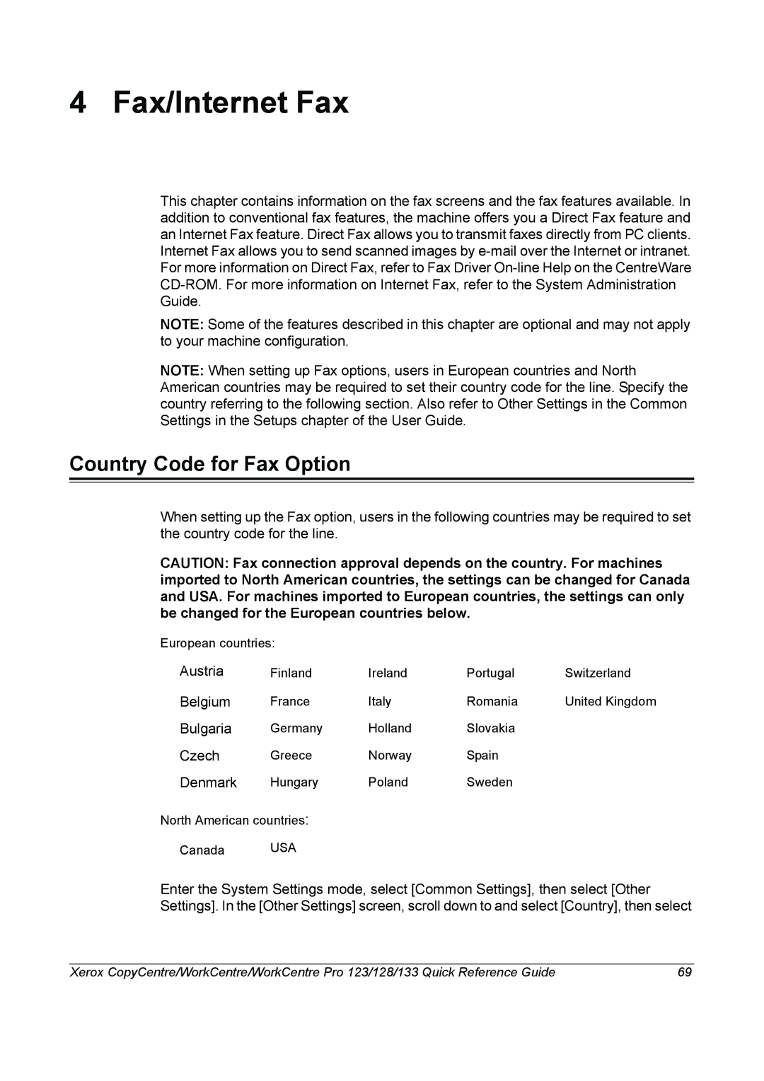 Xerox 604P18037 manual Fax/Internet Fax, Country Code for Fax Option 