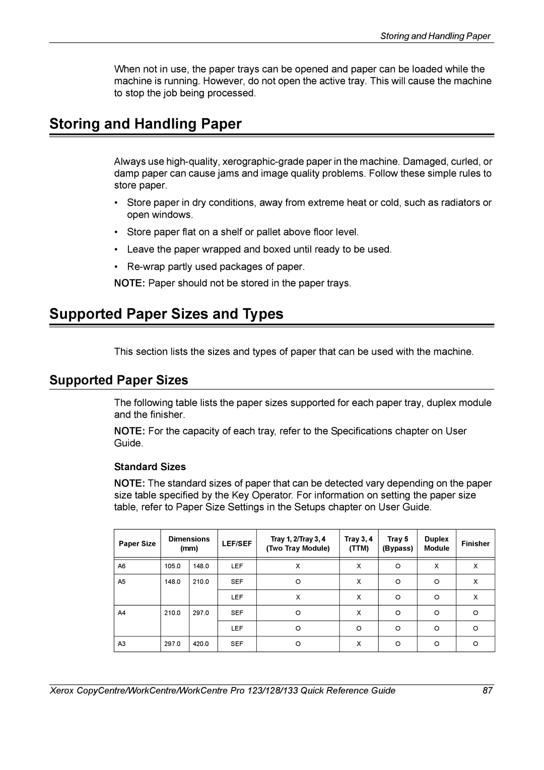 Xerox 604P18037 manual Storing and Handling Paper, Supported Paper Sizes and Types, Standard Sizes 