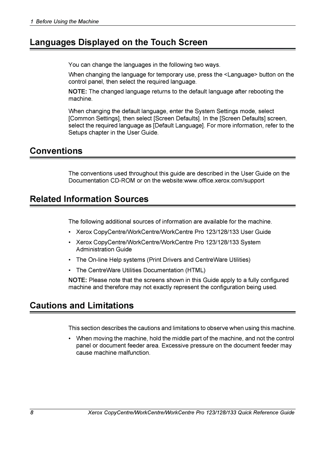 Xerox 604P18037 manual Languages Displayed on the Touch Screen, Conventions Related Information Sources 