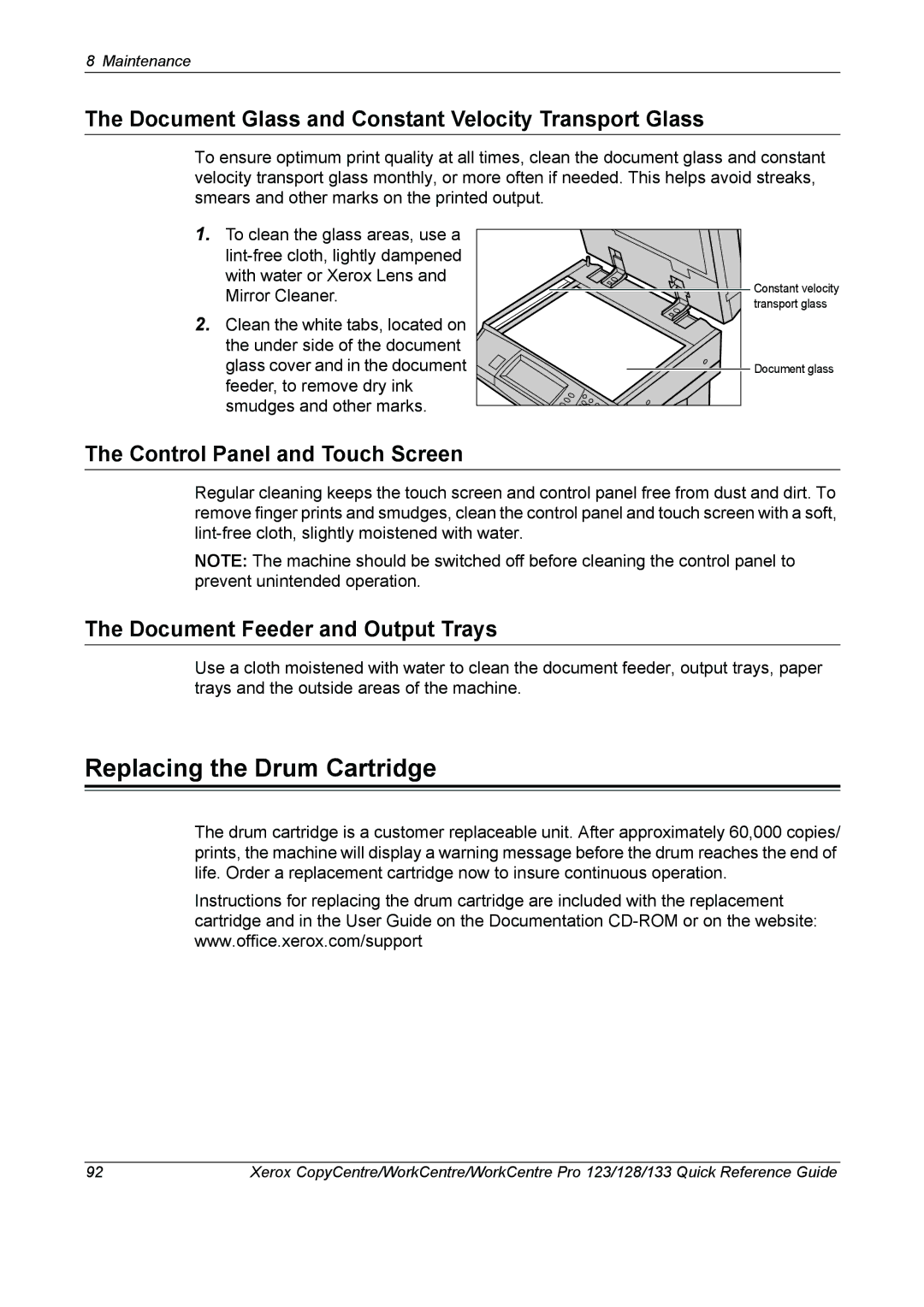 Xerox 604P18037 manual Replacing the Drum Cartridge, Document Glass and Constant Velocity Transport Glass 