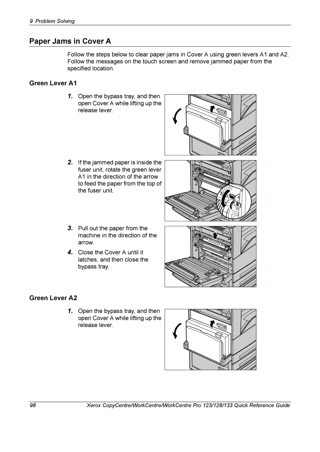 Xerox 604P18037 manual Paper Jams in Cover a, Green Lever A1, Green Lever A2 