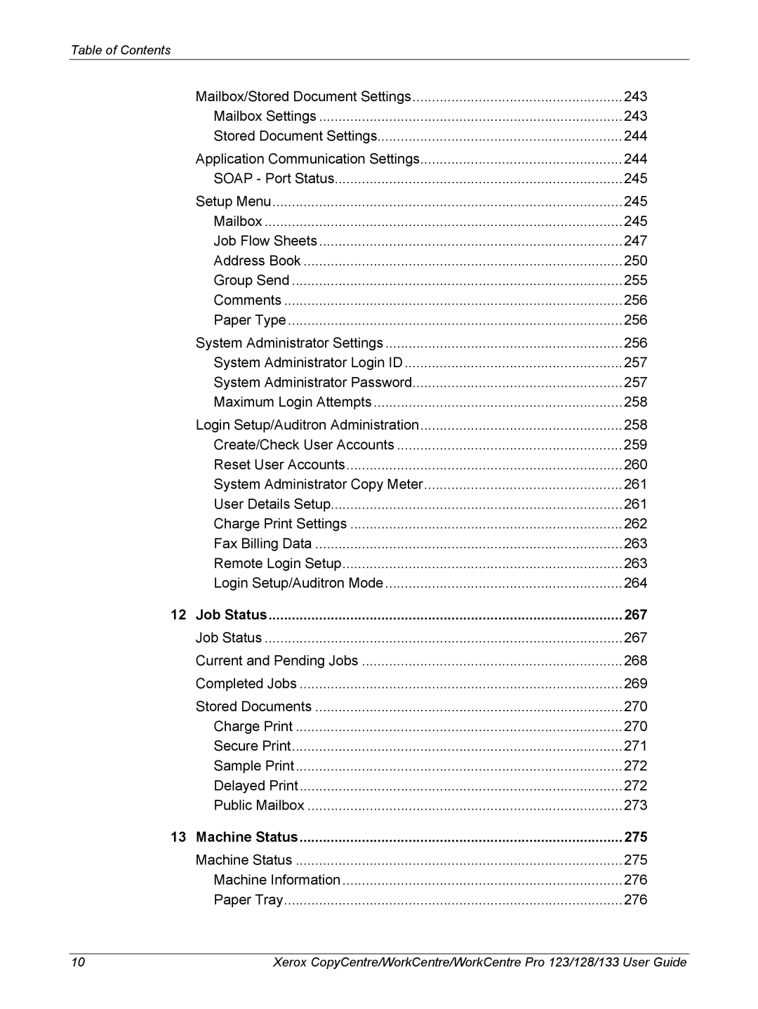 Xerox 604P18057 manual Job Status 267, Machine Status 275 