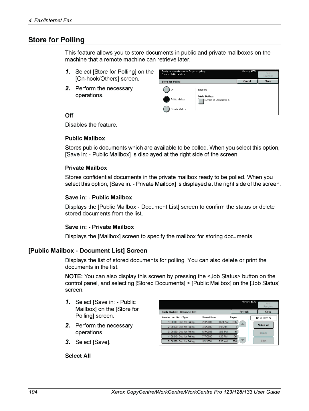 Xerox 604P18057 manual Store for Polling, Public Mailbox Document List Screen 