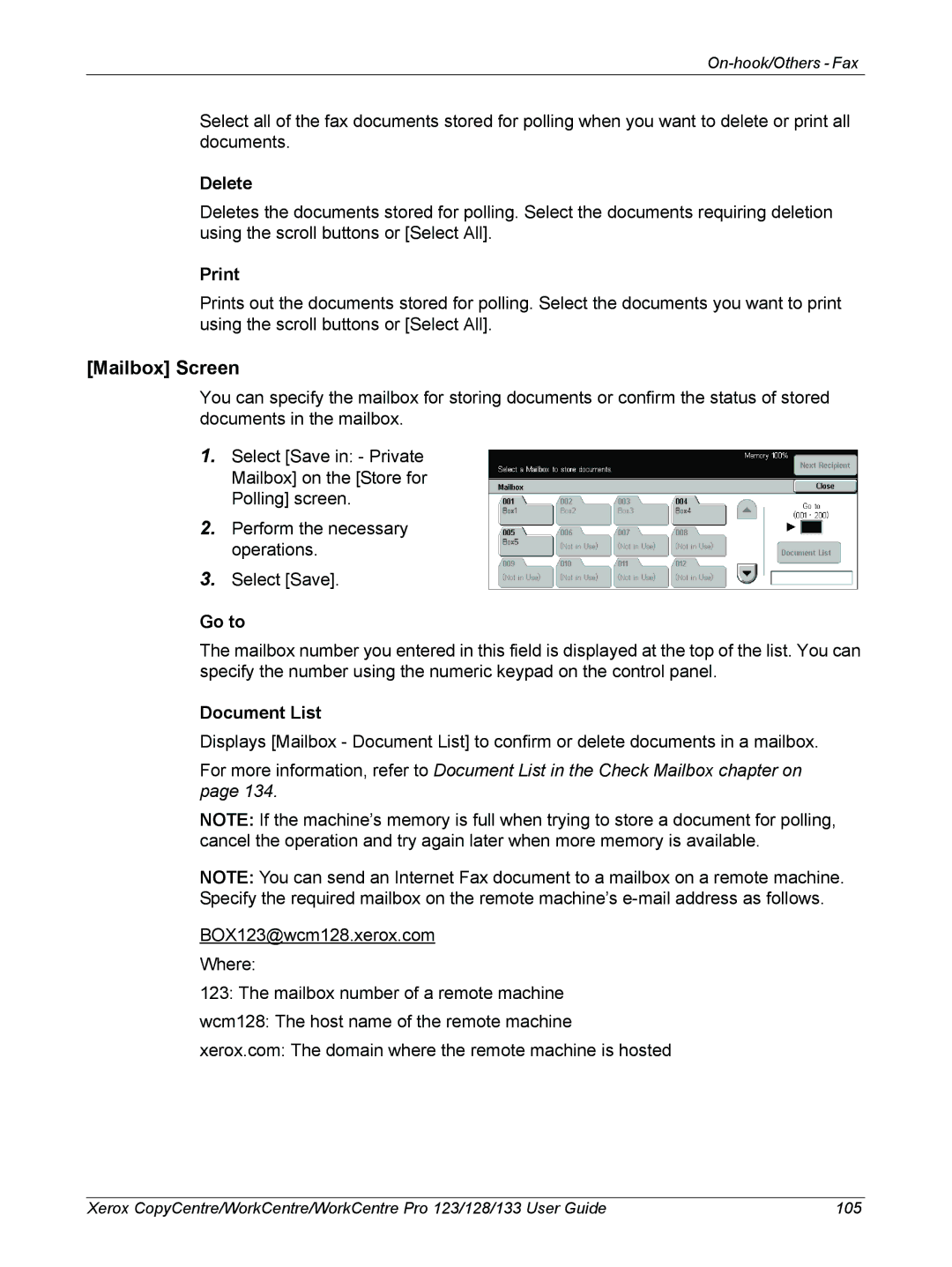 Xerox 604P18057 manual Mailbox Screen, Delete, Print, Go to, Document List 