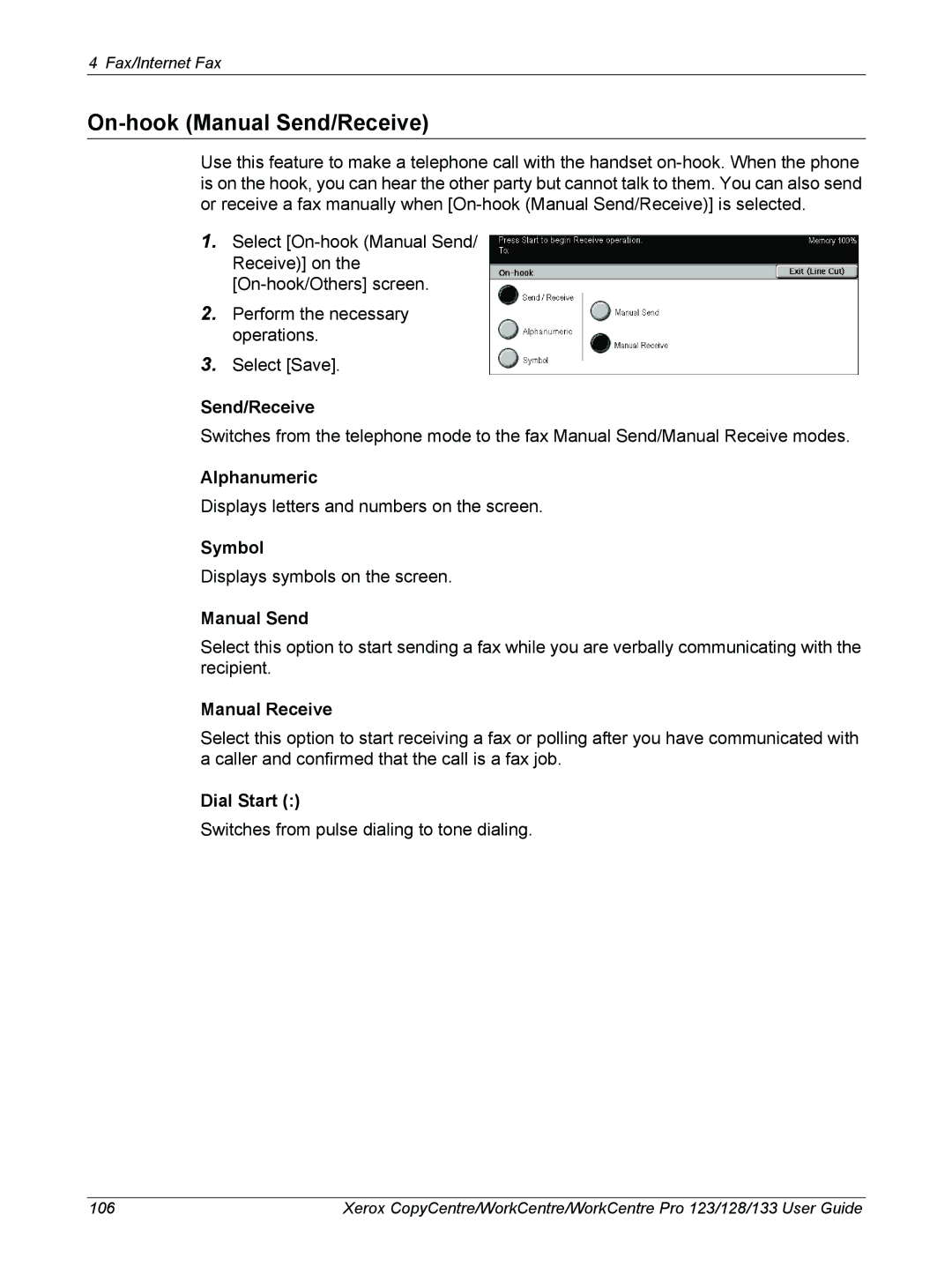 Xerox 604P18057 manual On-hook Manual Send/Receive, Manual Receive, Dial Start 