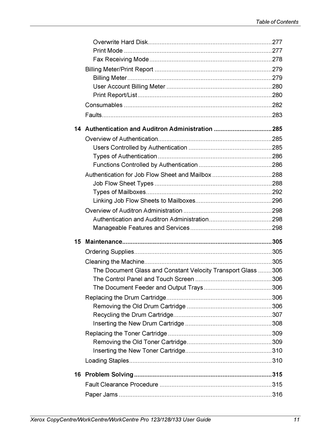 Xerox 604P18057 manual Authentication and Auditron Administration 285, Maintenance 305, Problem Solving 315 