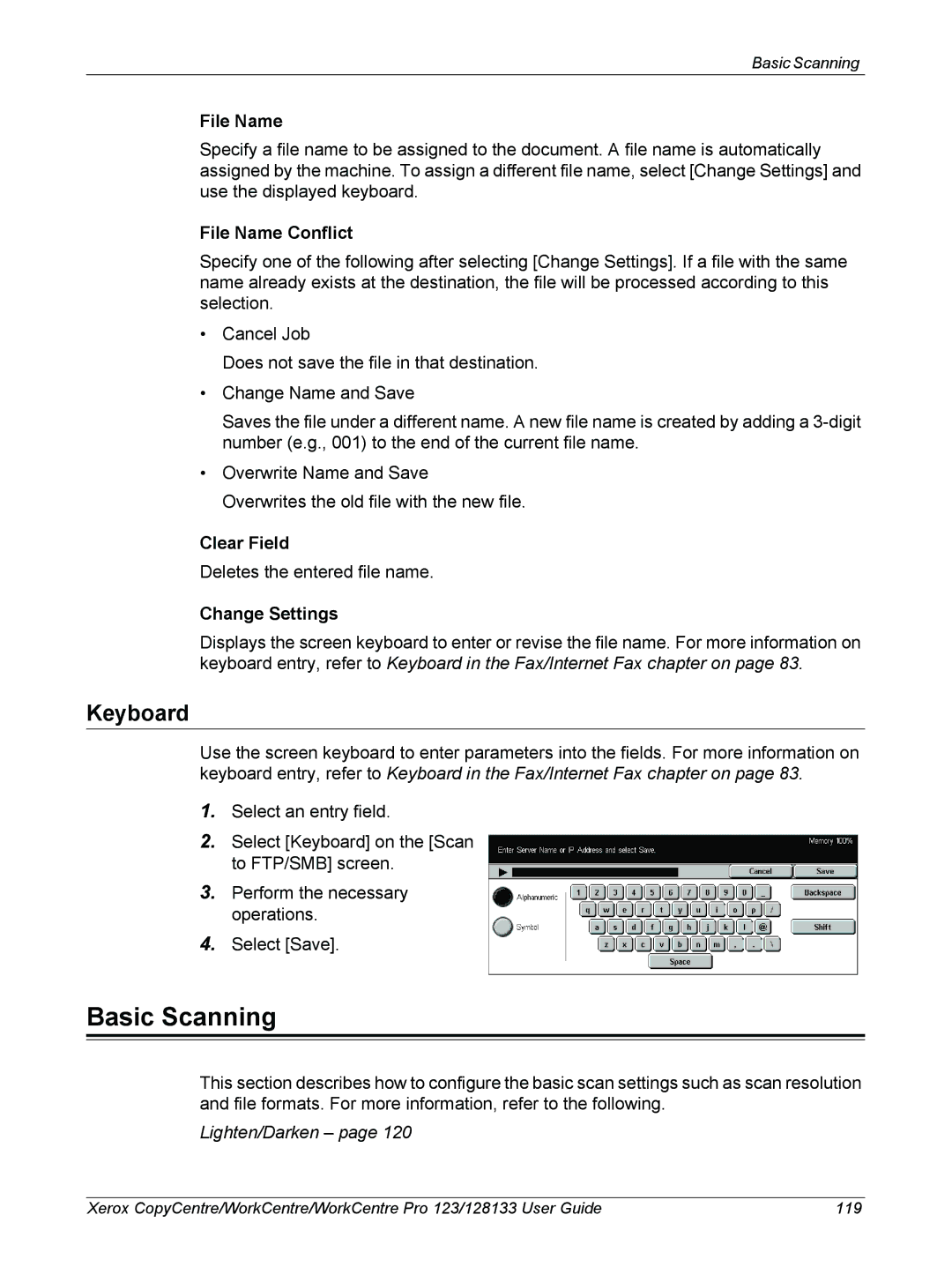 Xerox 604P18057 manual Basic Scanning, File Name Conflict 