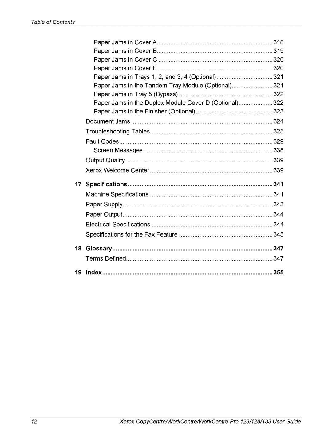 Xerox 604P18057 manual Specifications 341, Glossary 347, Index 355 