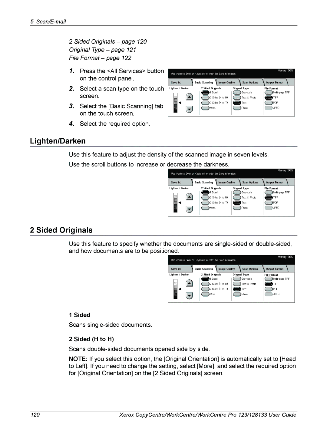 Xerox 604P18057 manual Sided Originals page 120 Original Type page 121 File Format, Sided H to H 