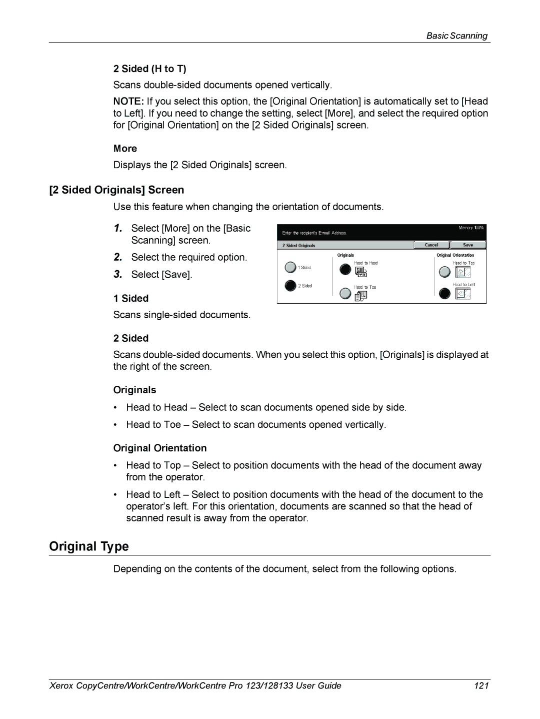 Xerox 604P18057 manual Sided Originals Screen, Sided H to T, Original Orientation 