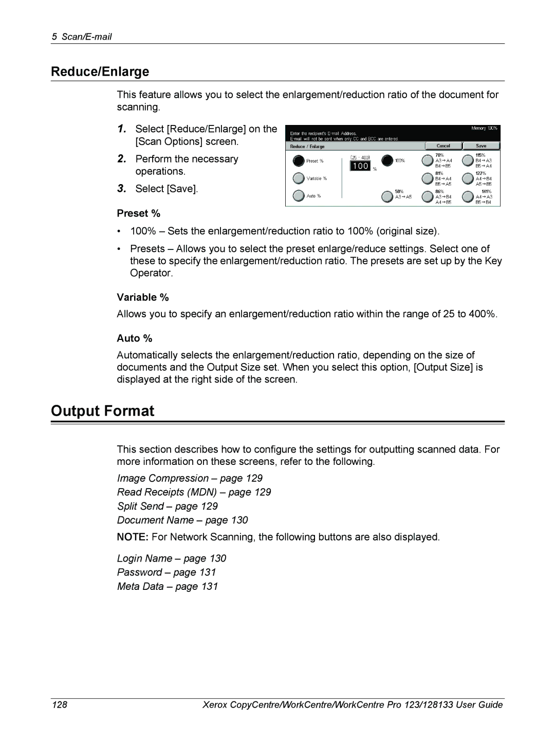 Xerox 604P18057 manual Output Format, Reduce/Enlarge 