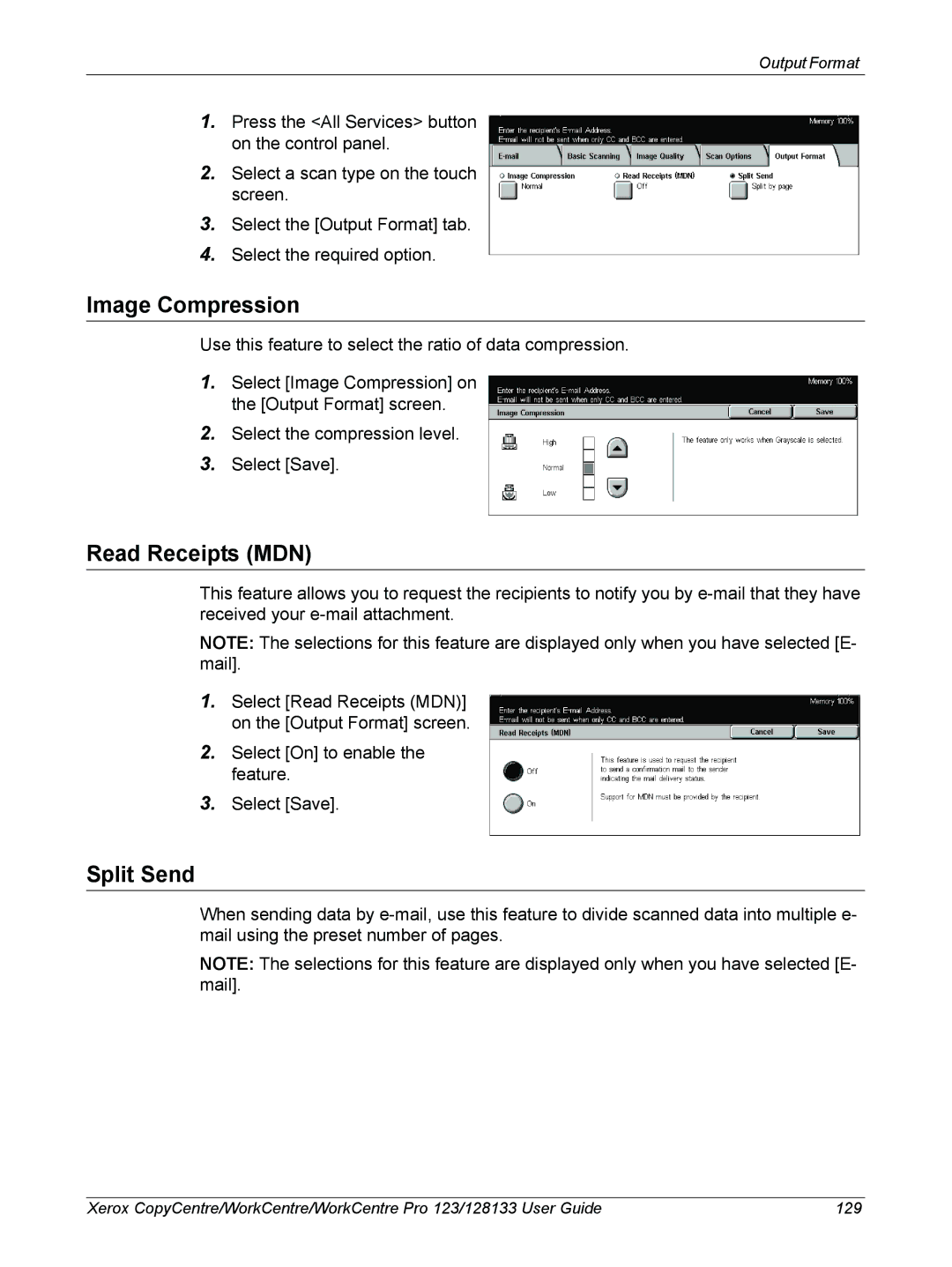 Xerox 604P18057 manual Image Compression, Read Receipts MDN, Split Send 