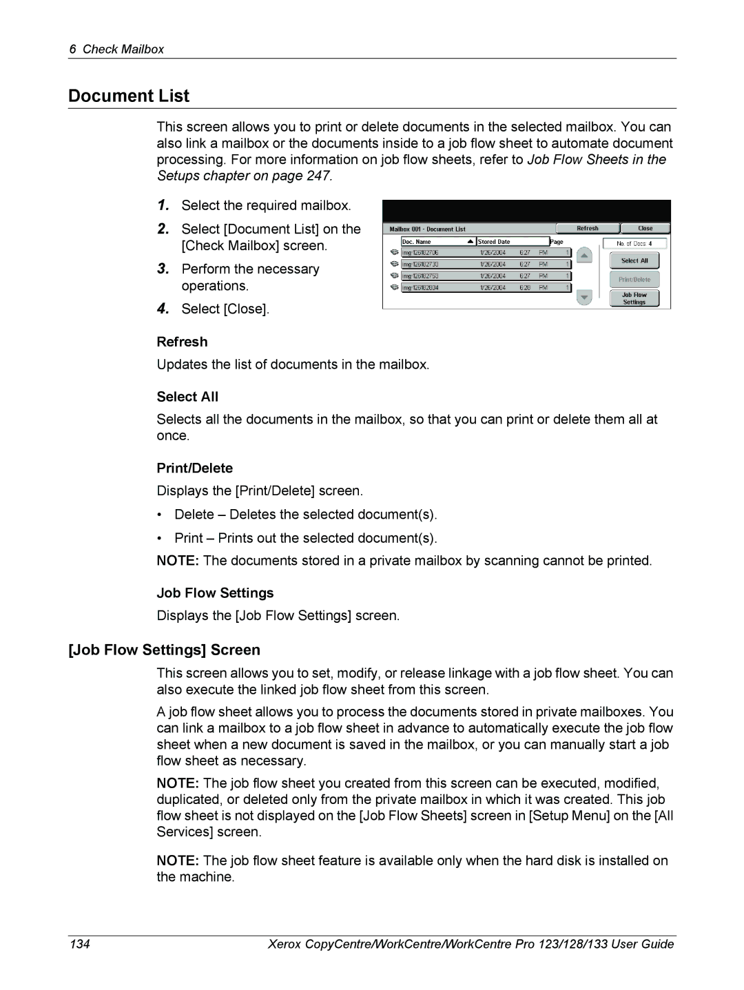 Xerox 604P18057 manual Document List, Job Flow Settings Screen, Refresh, Print/Delete 